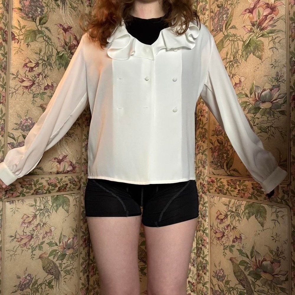 Christie & Jill White Double Breasted Ruffle Blouse Long Sleeve Size 4